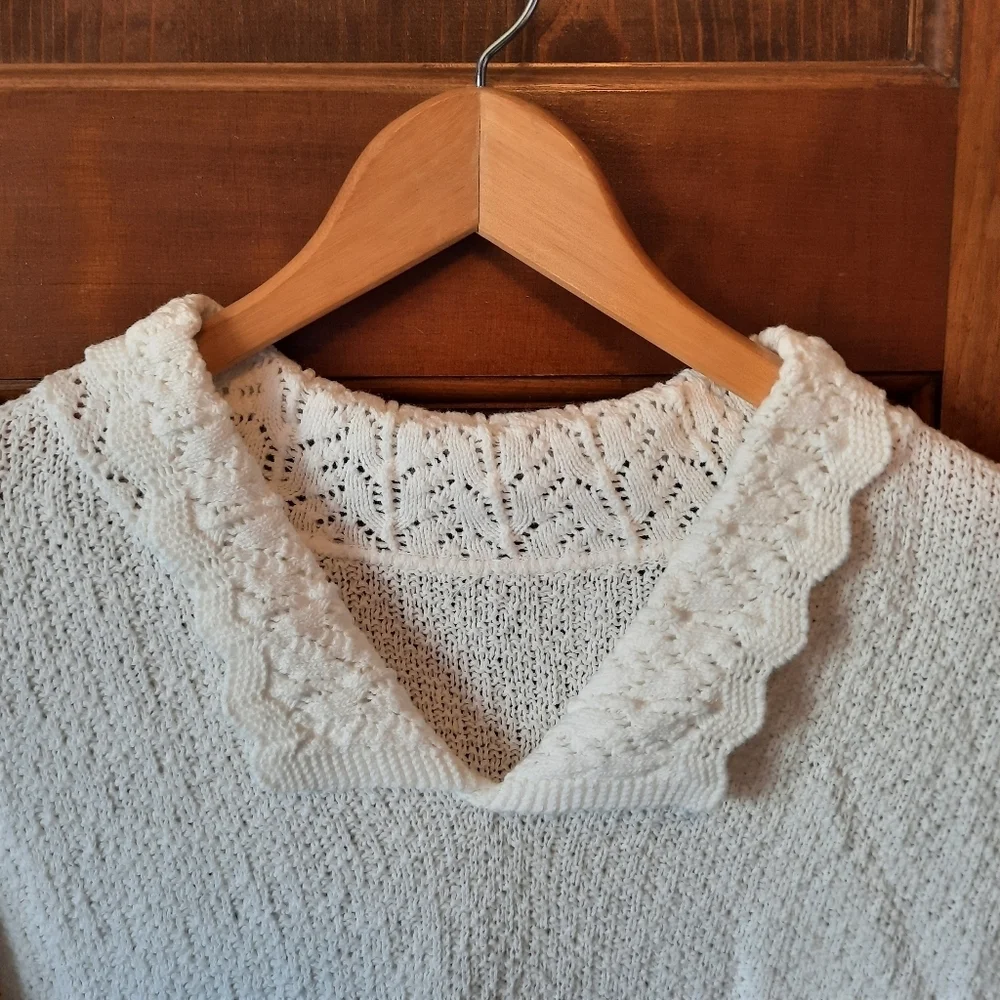 Vintage White Crochet Peter Pan Collar Cottagecore Pointelle Knit Polo Sweater